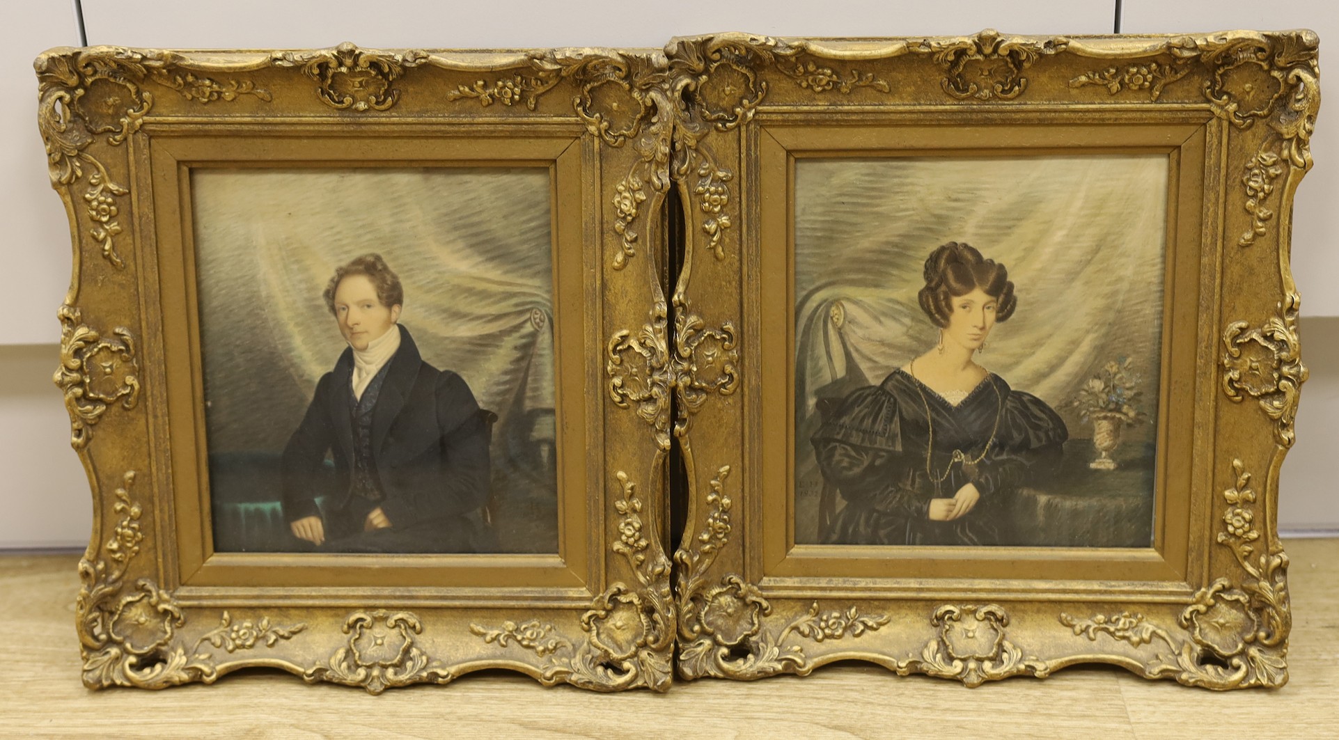 E. Heaton, c.1832, a pair of watercolour half length portraits , ‘Mr Maunder’ and ‘Mrs Maunder’, 20 x 18cm, inscribed verso